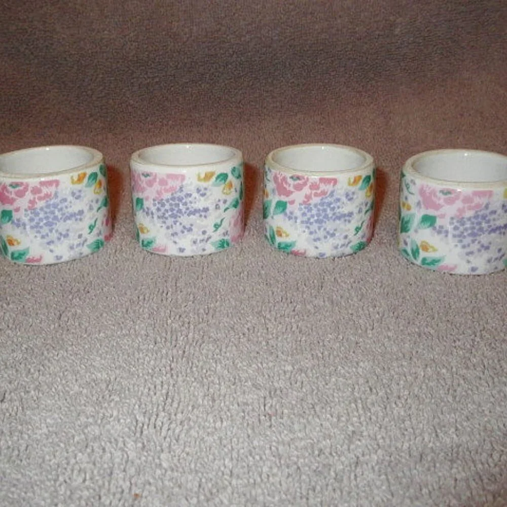 Vintage Set Of 4 Audrey Floral Napkin Rings Cottagecore Porcelain Reversible